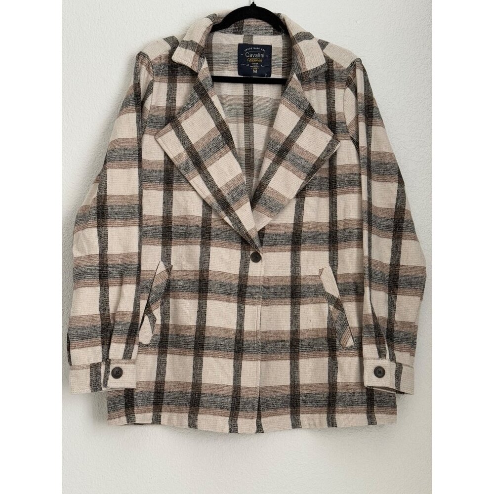 Cavalini Original Women's Plaid Blazer Jacket Medium Beige Wide Lapels